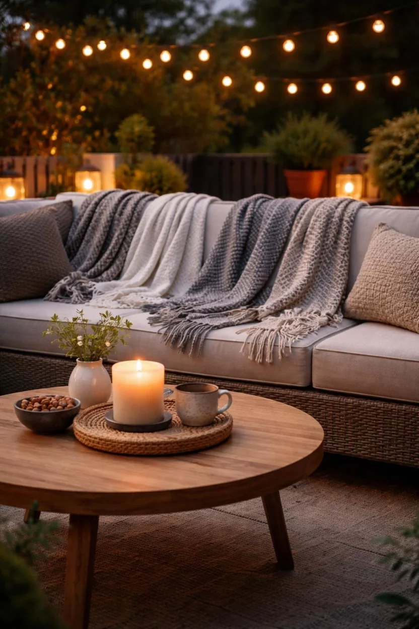 A realistic photo of a cozy patio sofa with several woven gray and white throw blankets draped over the back, a round wooden coffee table with a candle, and low evening light.