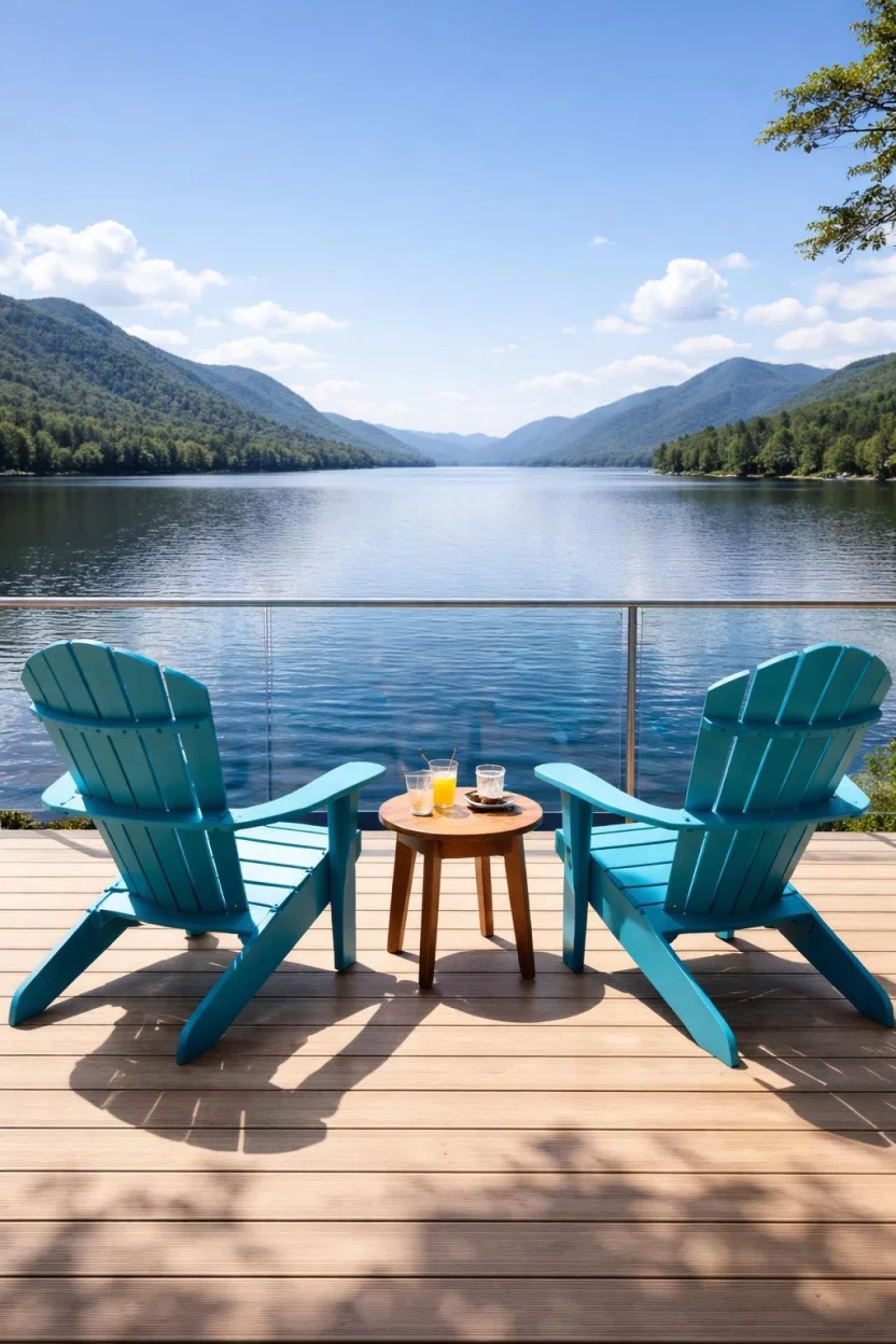A realistic photo of two bright turquoise adirondack chairs sitting on a light wood deck, overlooking a calm blue lake with green mountains in the distance and a small wooden side table between them.