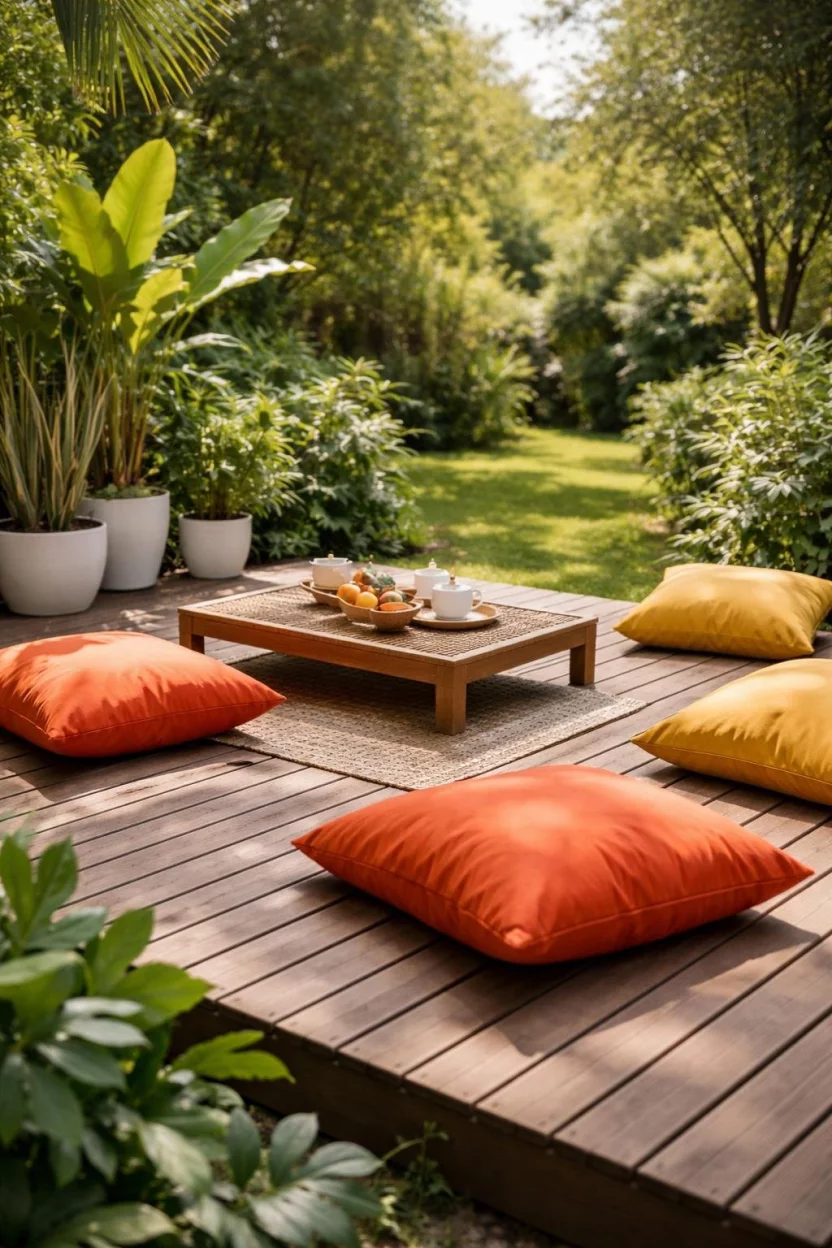 A realistic photo of a cozy wooden deck patio featuring several large orange and yellow weather resistant floor pillows scattered near a low coffee table, green tropical plants in white ceramic pots, and a sunny garden background.