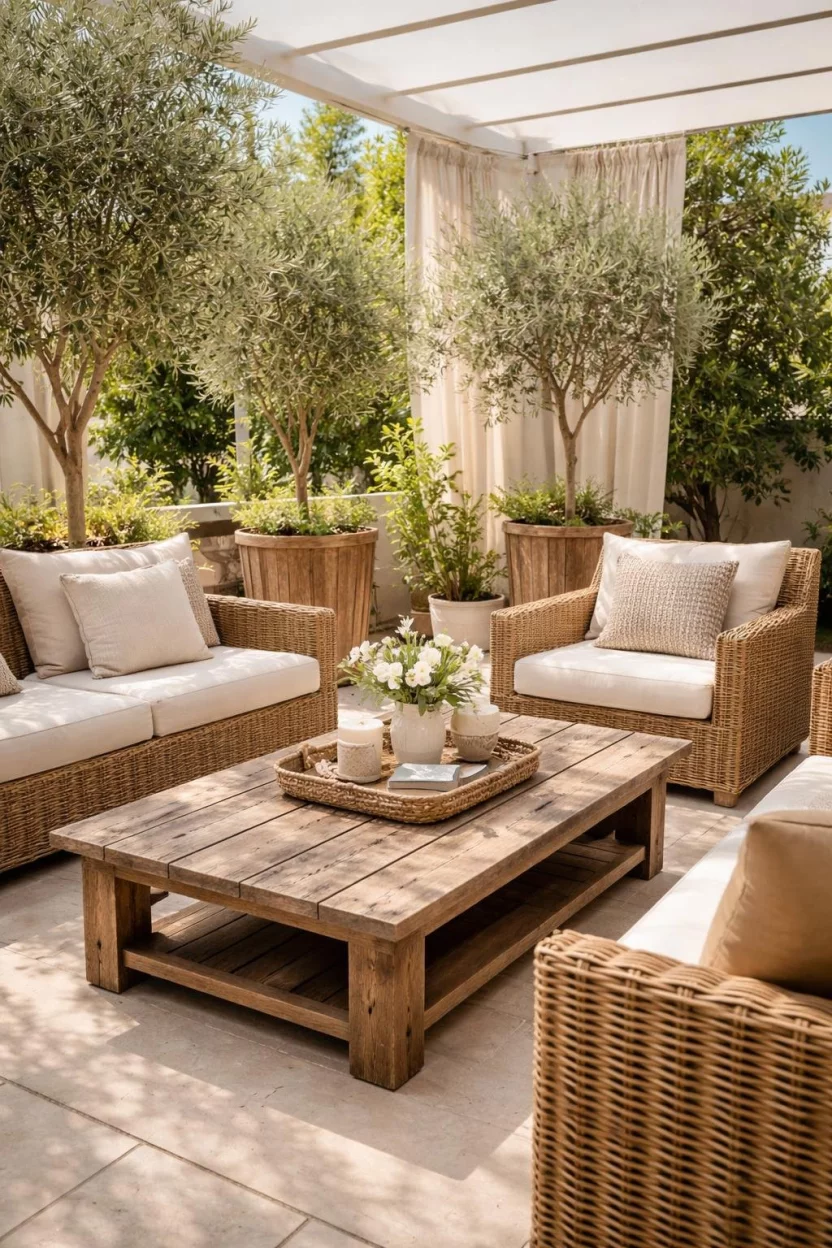 A realistic photo of a rustic patio with a large weathered wood coffee table in the center, surrounded by woven wicker armchairs with cream cushions and several tall wooden planters holding olive trees.