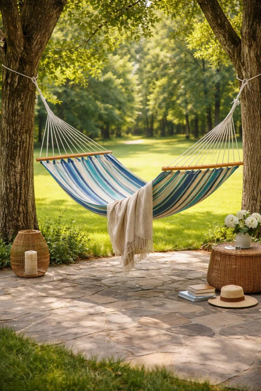 A realistic photo of a striped canvas hammock swinging between two sturdy oak trees next to a stone patio, with a soft throw blanket draped over the edge and a sunny green lawn in the background.