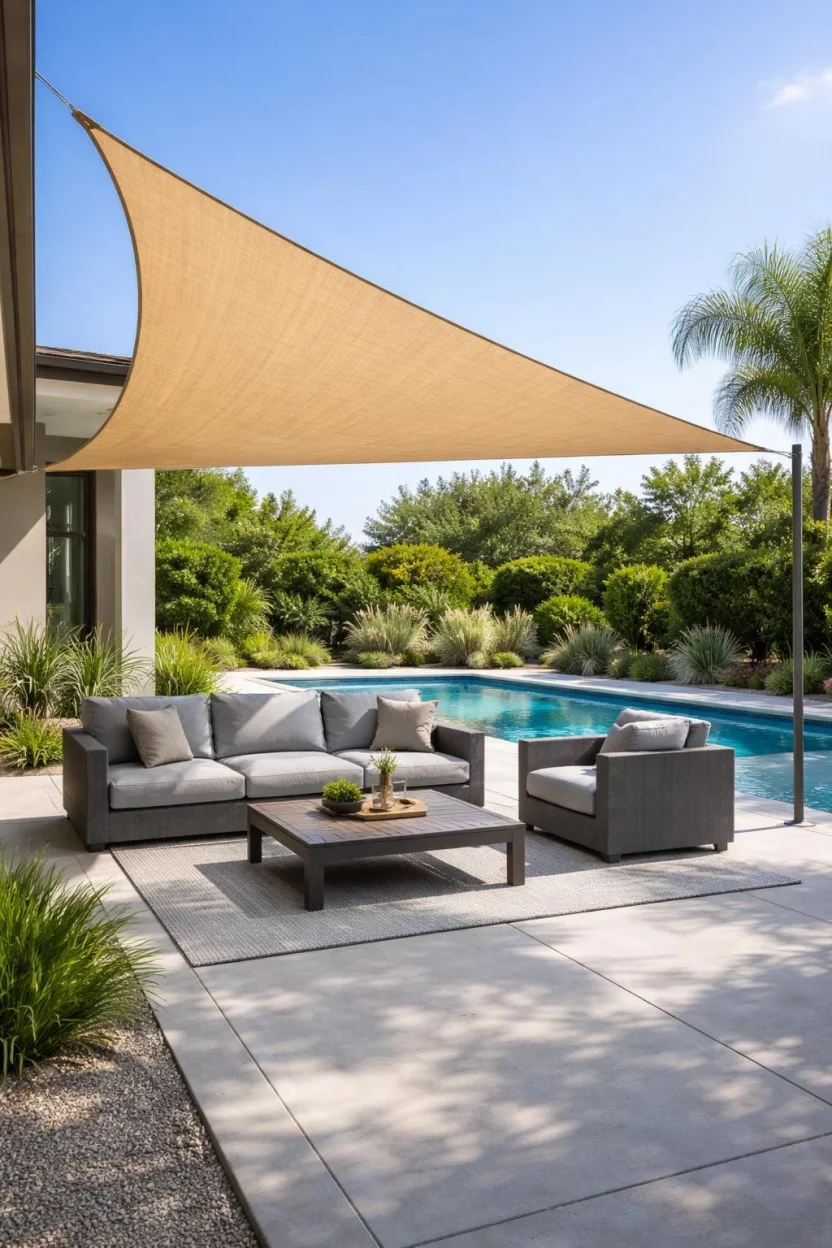 A realistic photo of a large triangular beige sun shade sail stretched over a modern concrete patio with a gray lounge set and a blue swimming pool in the background during a hot sunny day.