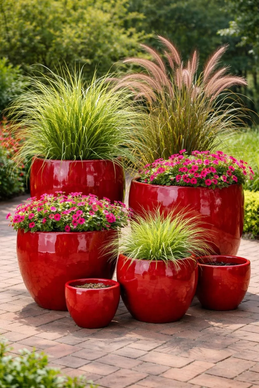 A realistic photo of several glossy red ceramic planters of different sizes arranged in a cluster on a brick patio, filled with tall ornamental grasses and bright pink flowers.