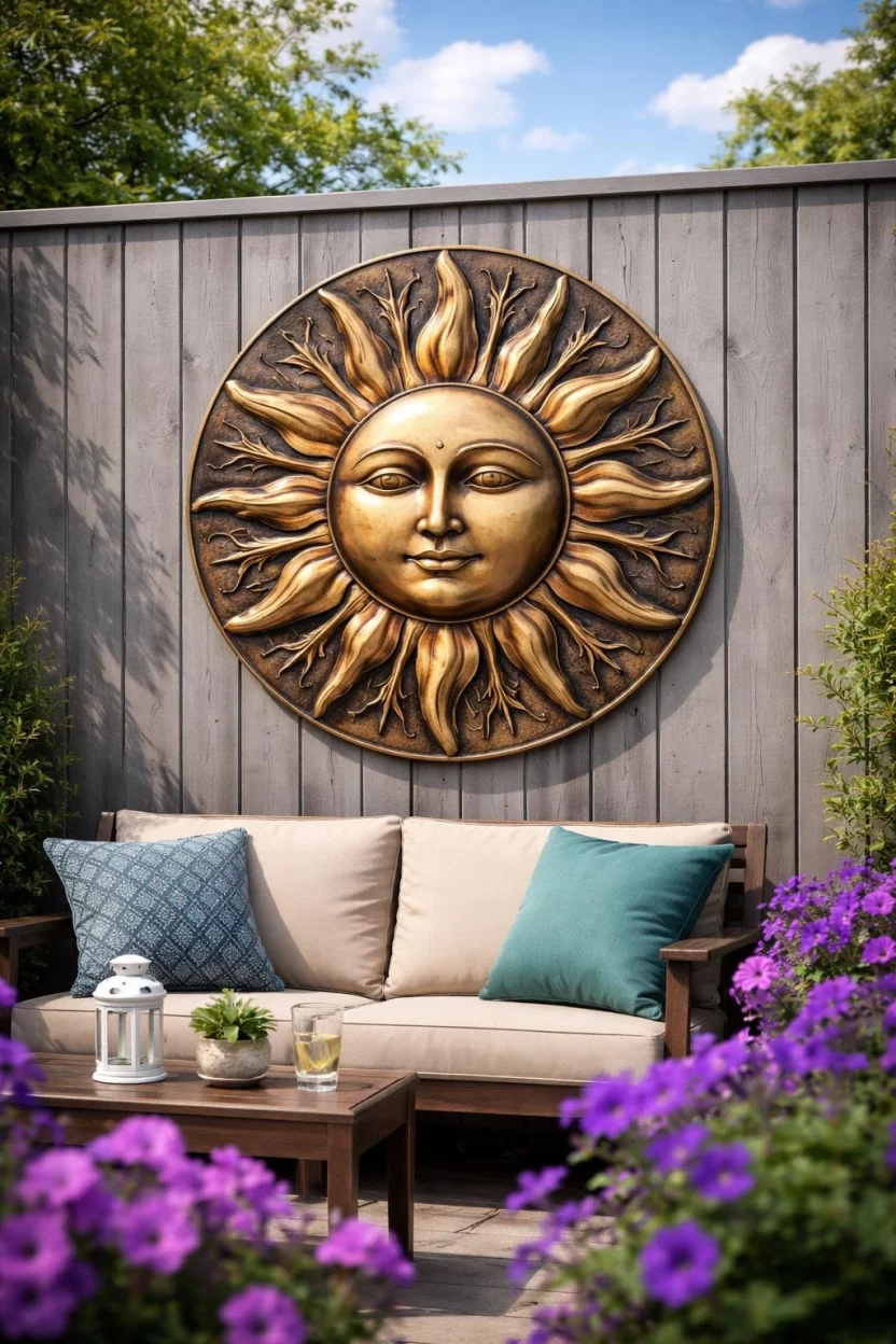 A realistic photo of a large metal sun wall plaque hanging on a gray wooden fence above a patio bench, with vibrant purple flowers in the foreground and a blue sky overhead.
