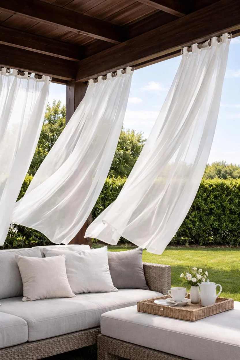 A realistic photo of white sheer outdoor curtains hanging from a dark wood porch frame, billowing in the wind over a light gray cushioned bench, with lush green hedges visible in the distance.