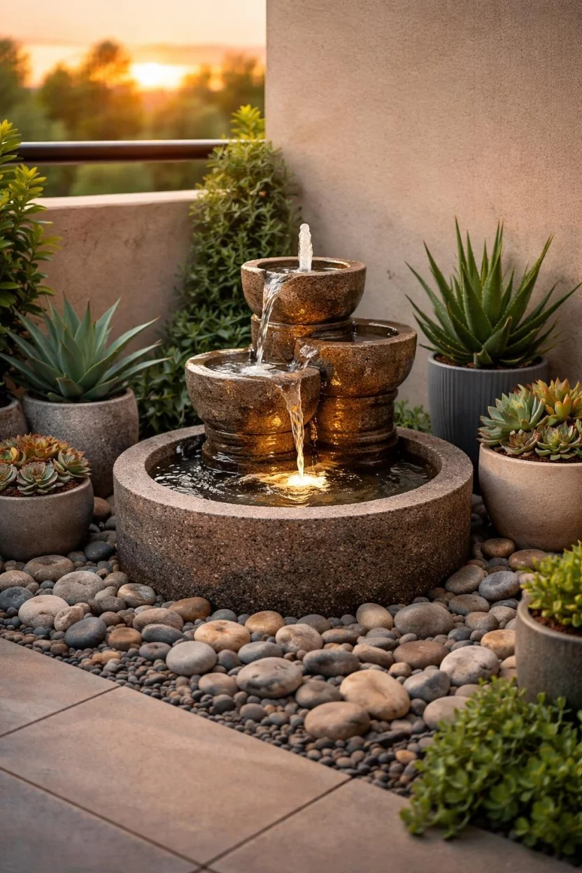 A realistic photo of a small stone tiered fountain with flowing water, placed in a corner of a patio surrounded by large smooth pebbles and potted succulents, under the soft light of a sunset.