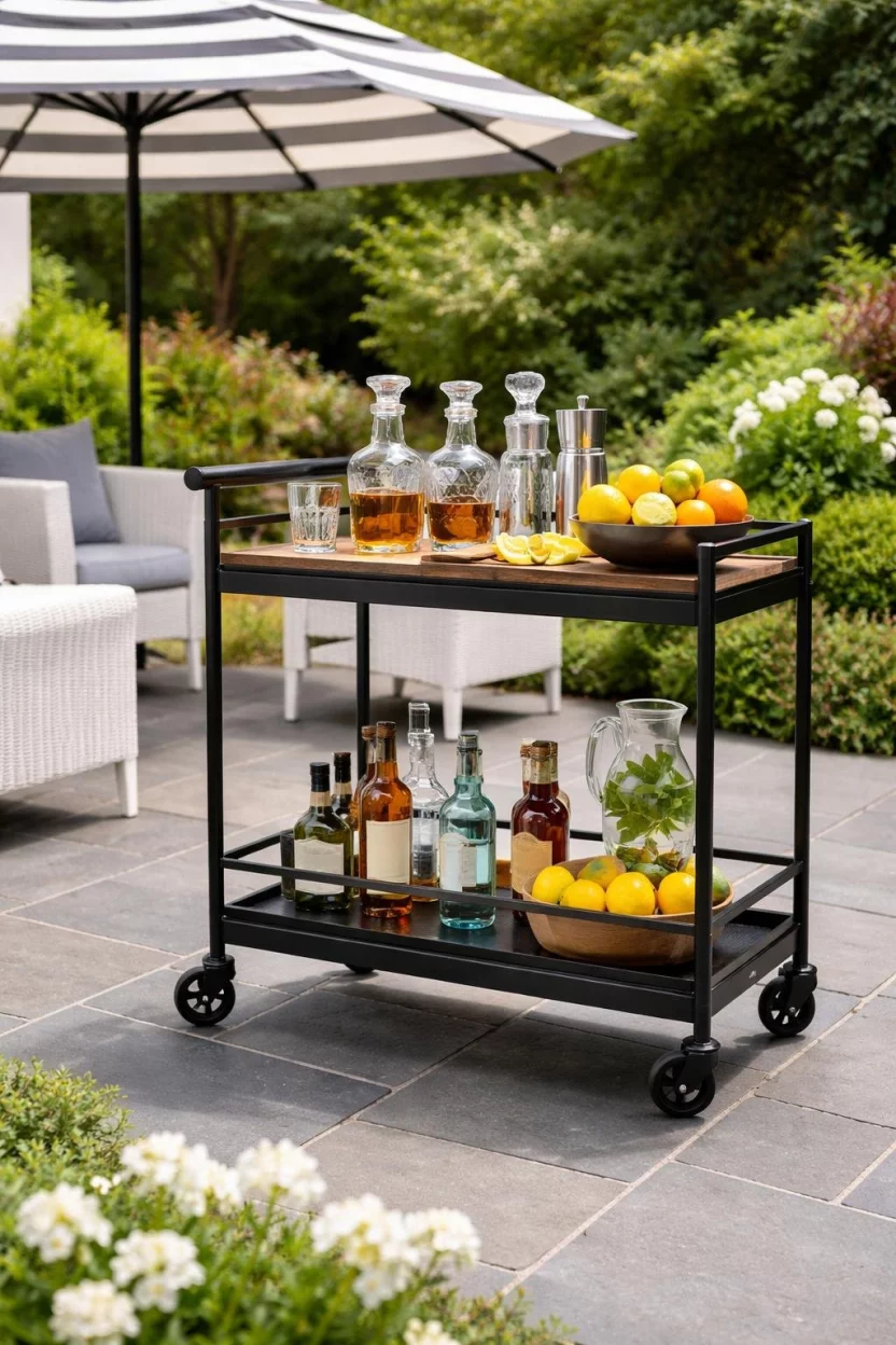 A realistic photo of a sleek black metal rolling bar cart on a slate patio, stocked with glass decanters and colorful citrus fruits, standing next to a striped outdoor umbrella and white wicker chairs.