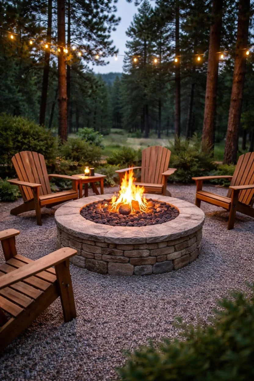 A realistic photo of a circular stone fire pit with a bright orange flame, surrounded by four wooden adirondack chairs on a gravel patio, with a backdrop of tall pine trees during dusk.
