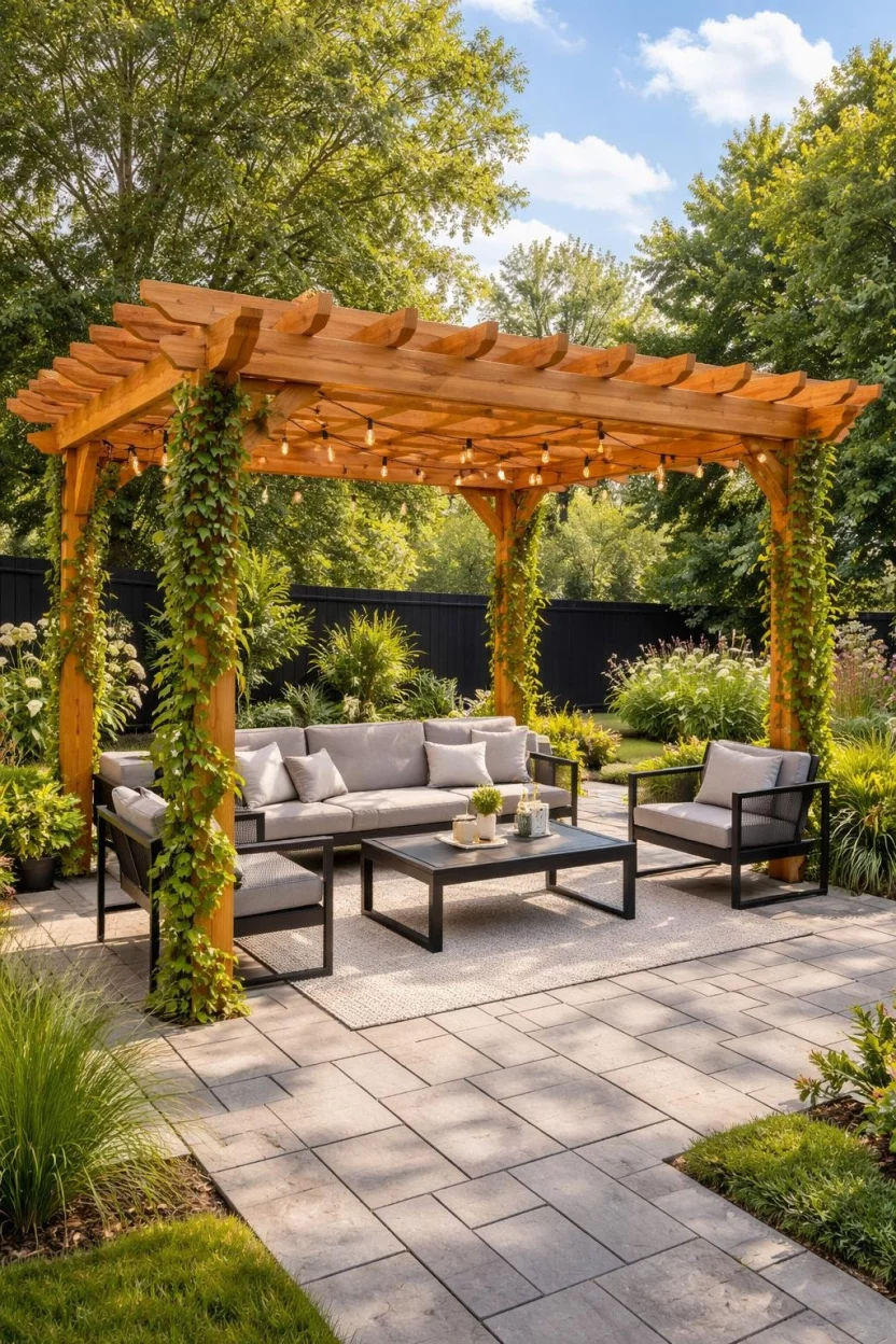 A realistic photo of a modern backyard patio with a natural cedar pergola standing over a black metal lounge set, climbing green ivy vines twisting up the wooden posts, and professional stone pavers underfoot during a bright afternoon.