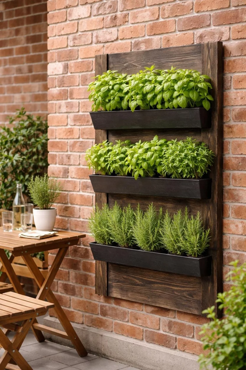 A realistic photo of a vertical wall planter made of dark recycled wood attached to a brick wall, filled with bright green basil and rosemary plants, situated next to a small wooden bistro table.