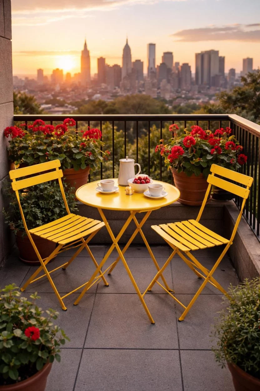A realistic photo of a yellow metal folding bistro table and two matching chairs on a small apartment balcony with potted red geraniums and a city skyline view at sunset.