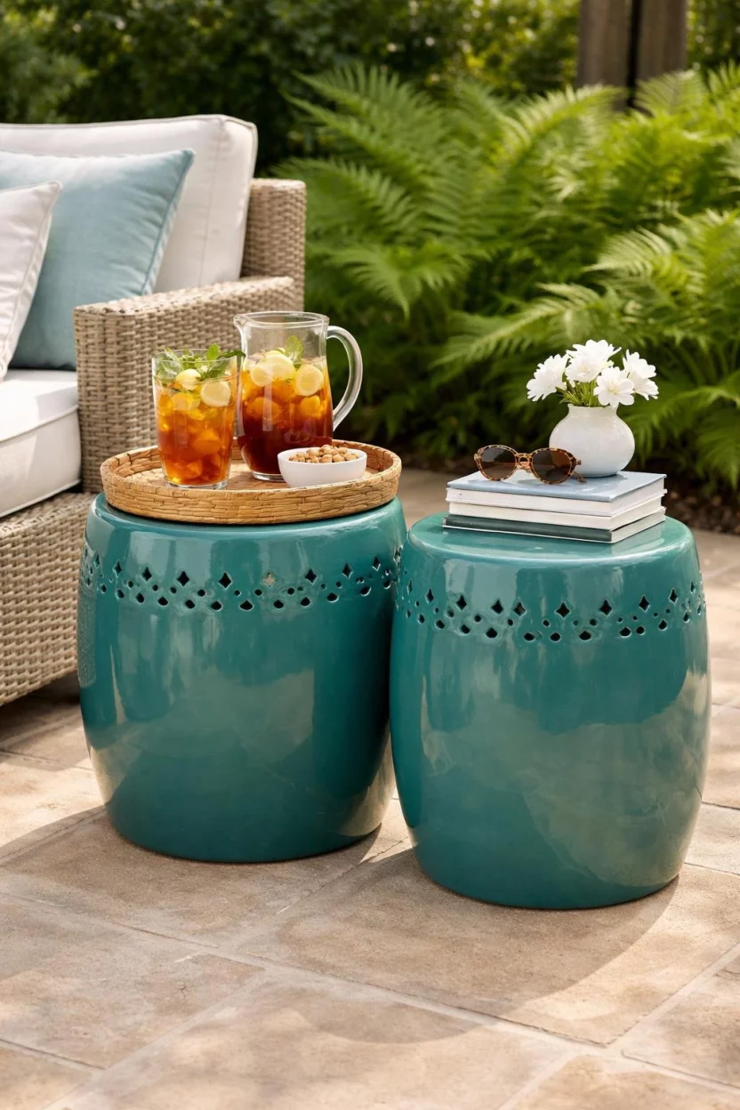 A realistic photo of two teal ceramic garden stools used as side tables next to a white outdoor sofa, situated on a sandstone patio with green ferns in the background and a tray of iced tea.