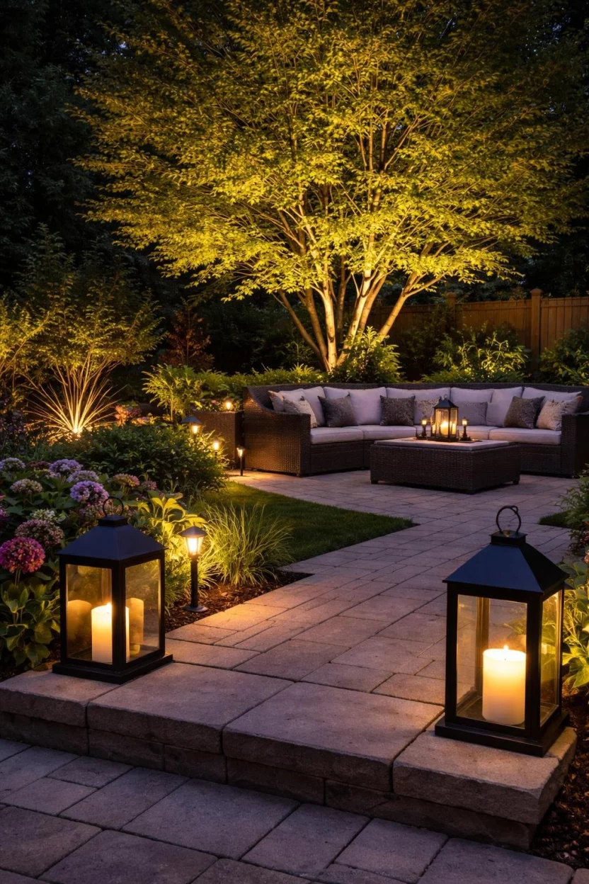 A realistic photo of a sophisticated patio at night featuring black metal lanterns with LED candles, small solar path lights tucked into flower beds, and hidden spotlighting illuminating a large maple tree.