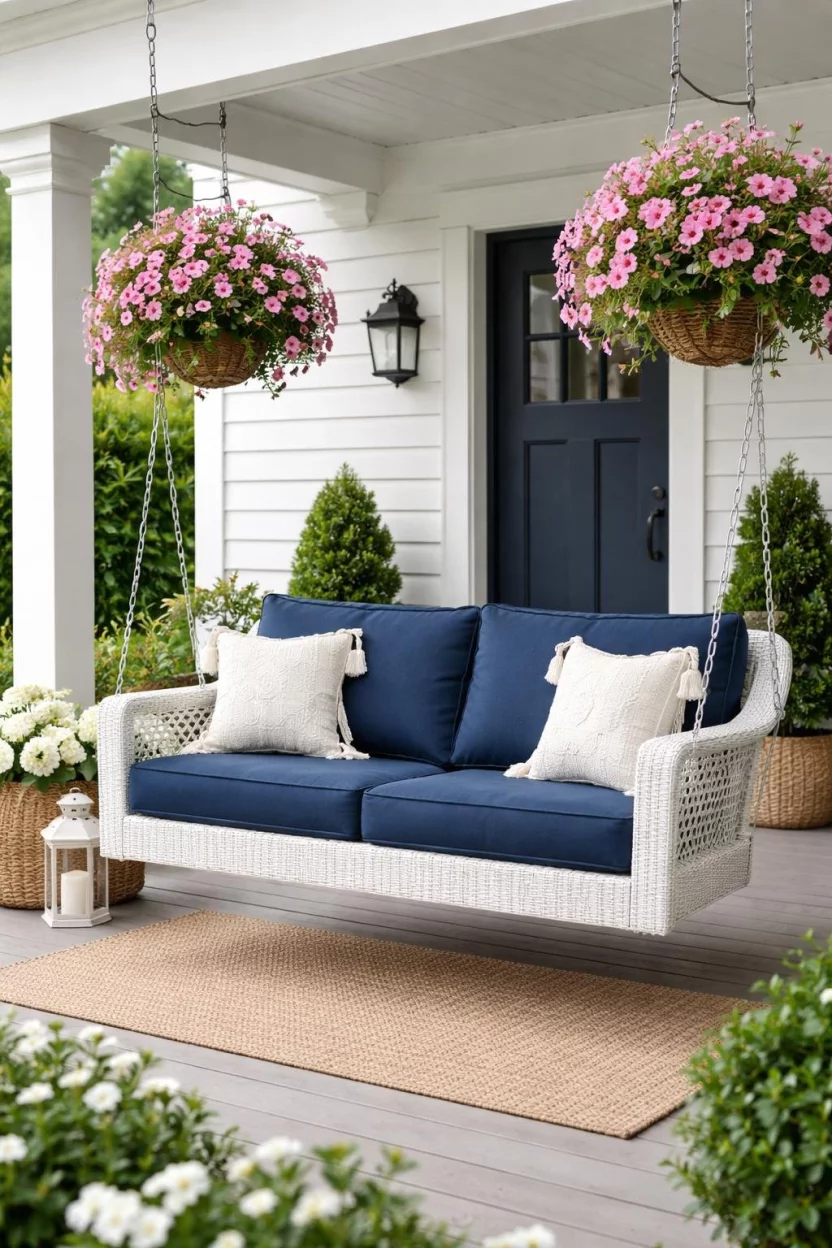 A realistic photo of a front porch with a white wicker porch swing, thick navy blue cushions, two white tasseled pillows, and hanging baskets of pink petunias.