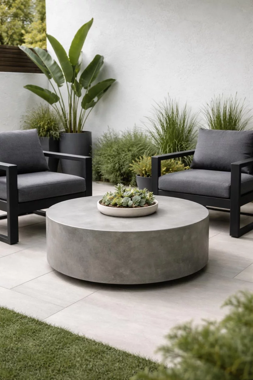 A realistic photo of a minimalist patio with a heavy round grey concrete coffee table, two black aluminum armchairs, and a small tray with succulent plants sitting on the tabletop.
