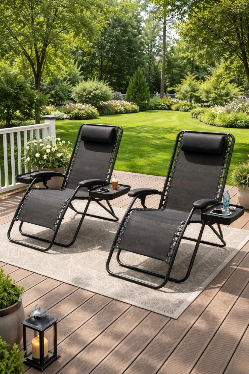 A realistic photo of a deck with two black zero gravity recliners, a small clip on side tray for each, and a view of a green backyard garden.