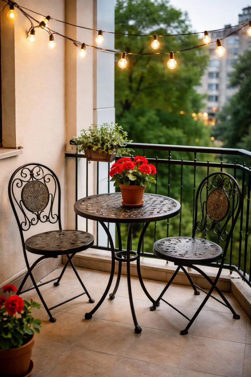A realistic photo of a small balcony with a black wrought iron bistro set containing two ornate chairs and a round table, a small red geranium flower pot, and a string of Edison lights hanging above.
