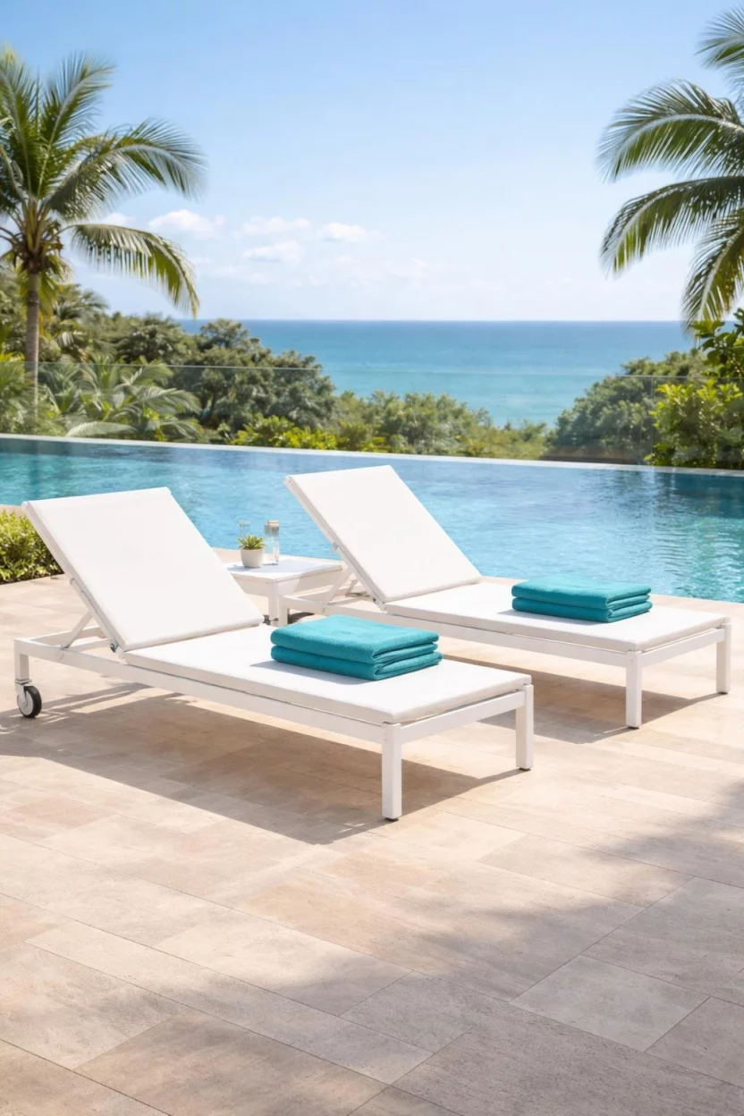 A realistic photo of a pool deck with two sleek white adjustable sun loungers, turquoise plush towels folded on top, and small wheels on the back legs for easy moving.