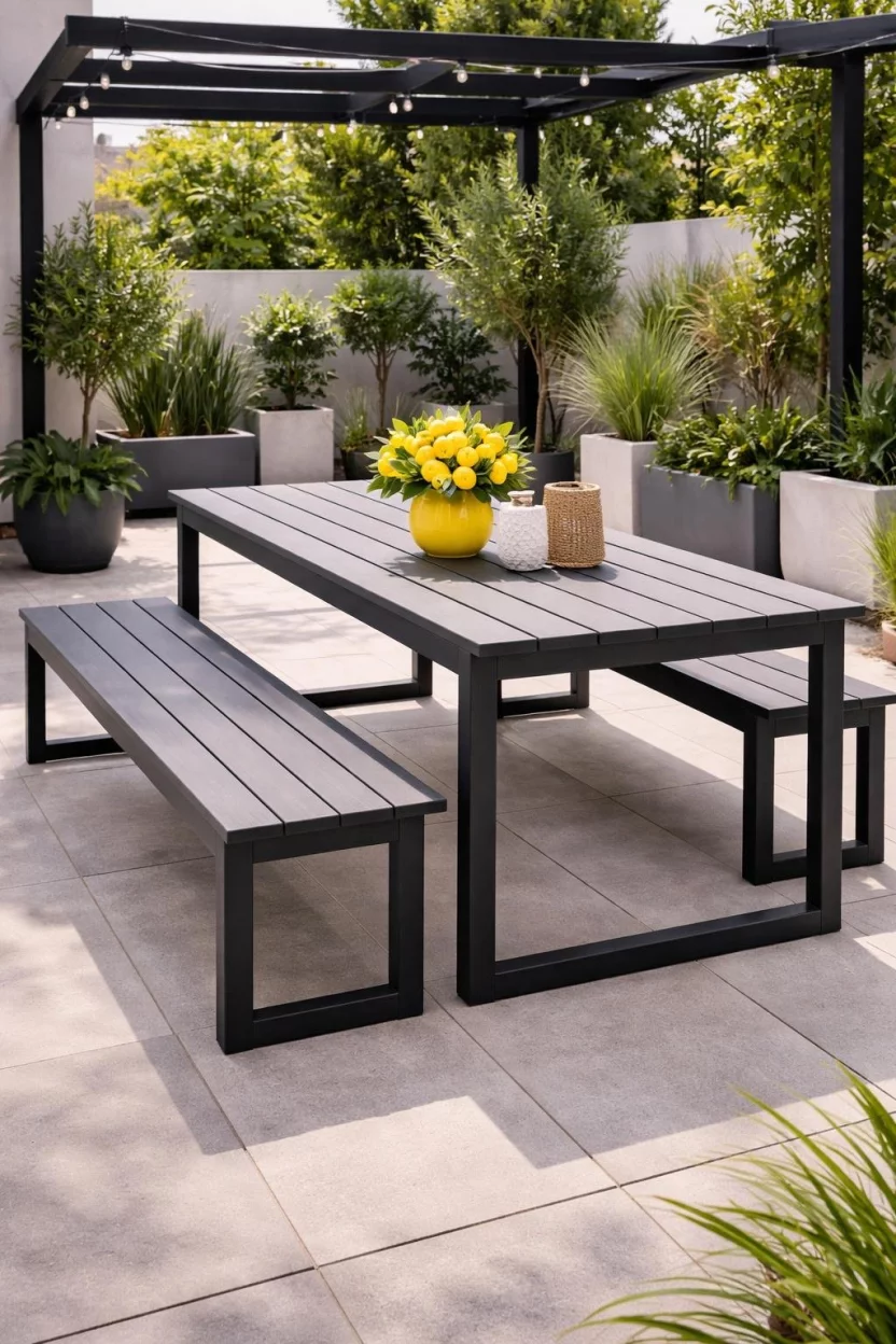 A realistic photo of a modern patio with a long grey polywood dining bench, a matching rectangular table, and a bright yellow centerpiece.
