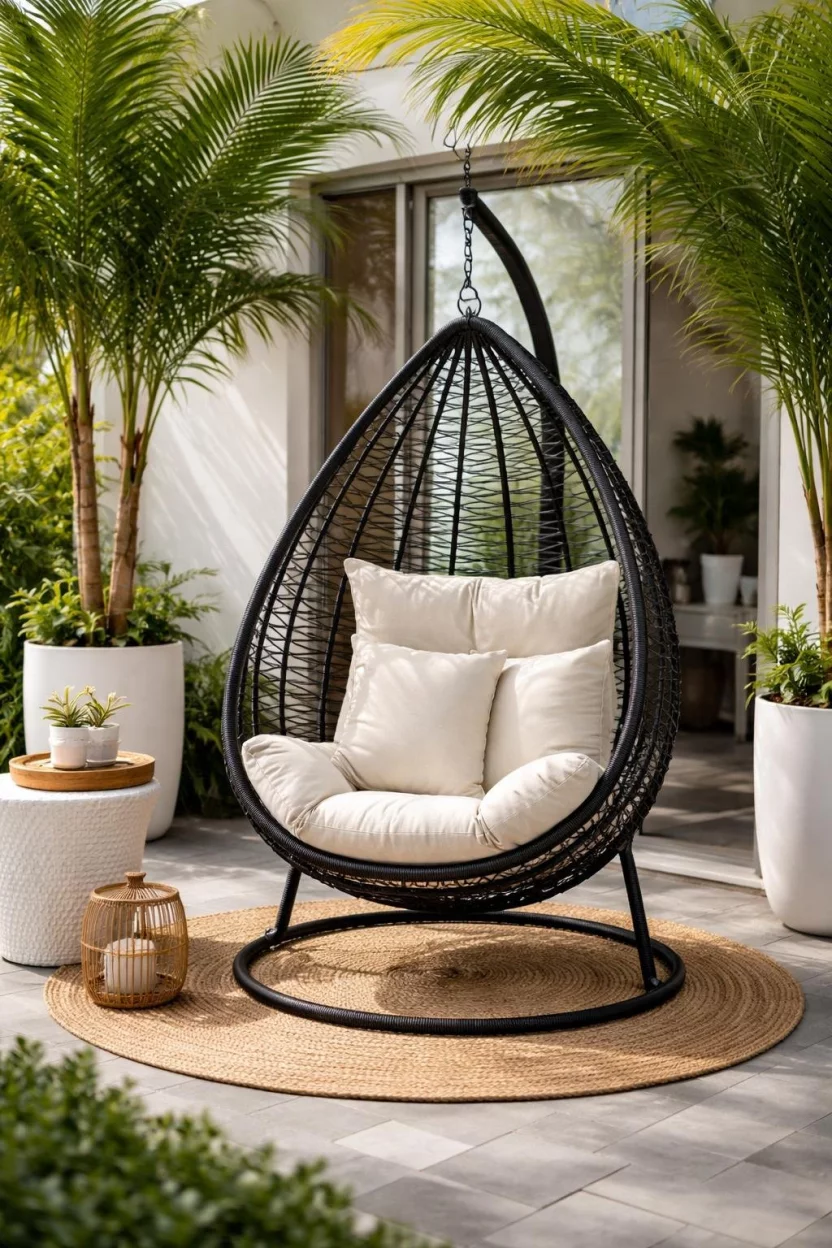 A realistic photo of a modern patio featuring a black metal teardrop shaped egg chair with a cream colored cushion, a round jute rug underneath, and tall potted palm trees providing shade.