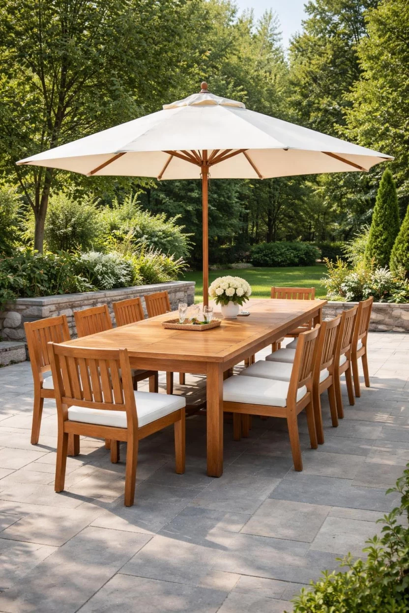 A realistic photo of an outdoor dining area featuring a long honey colored teak wood table, matching chairs with white seat cushions, and a large cream colored market umbrella centered in the table.
