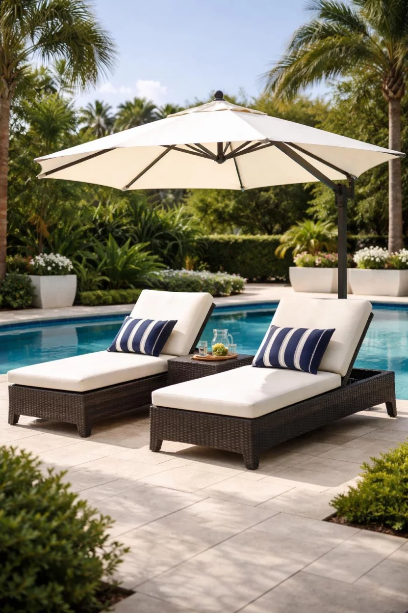 A realistic photo of a pool area with two dark brown rattan chaise lounges featuring thick white cushions and navy blue striped pillows, positioned perfectly under a large cream colored tilting umbrella.