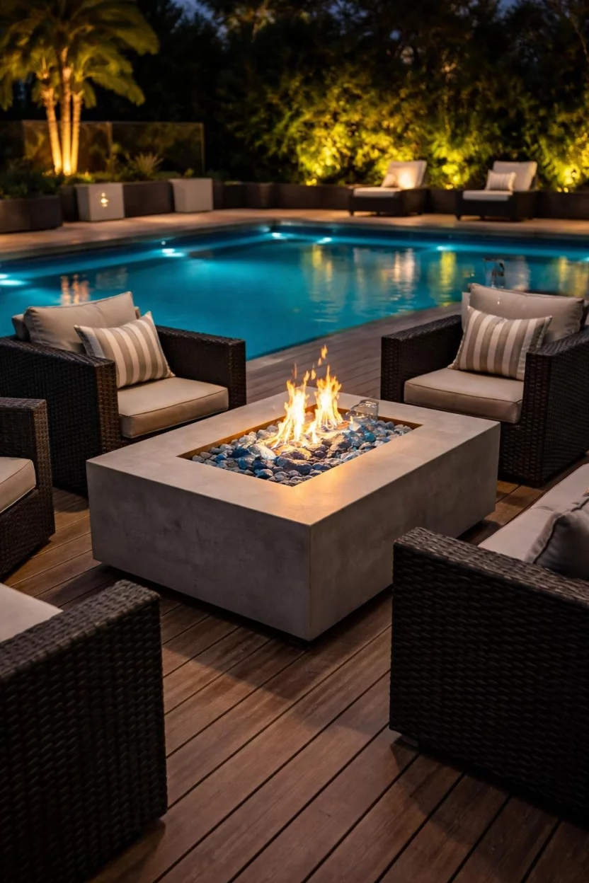 A realistic photo of a pool area with a square grey concrete fire pit table featuring blue glass fire stones, surrounded by modern black wicker armchairs on a wood deck at night.
