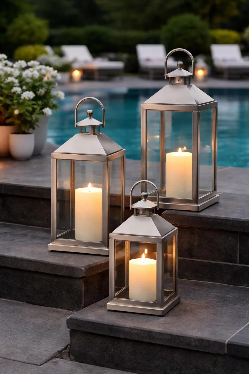 A realistic photo of a pool area with three silver brushed metal lanterns of varying heights containing white LED candles, arranged on a dark stone step.