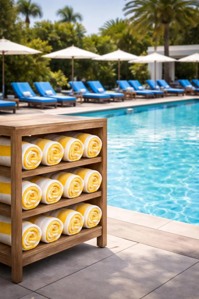 A realistic photo of a pool area with a wooden rack holding several rolled yellow and white striped towels, neatly organized next to a crystal clear pool with blue lounge chairs.