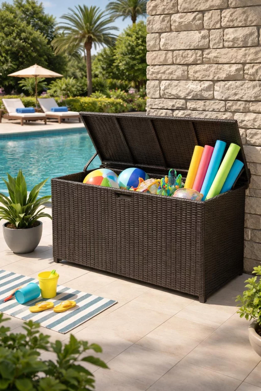 A realistic photo of a pool area with a large dark brown wicker storage box tucked neatly against a stone wall, holding colorful pool noodles and toys.