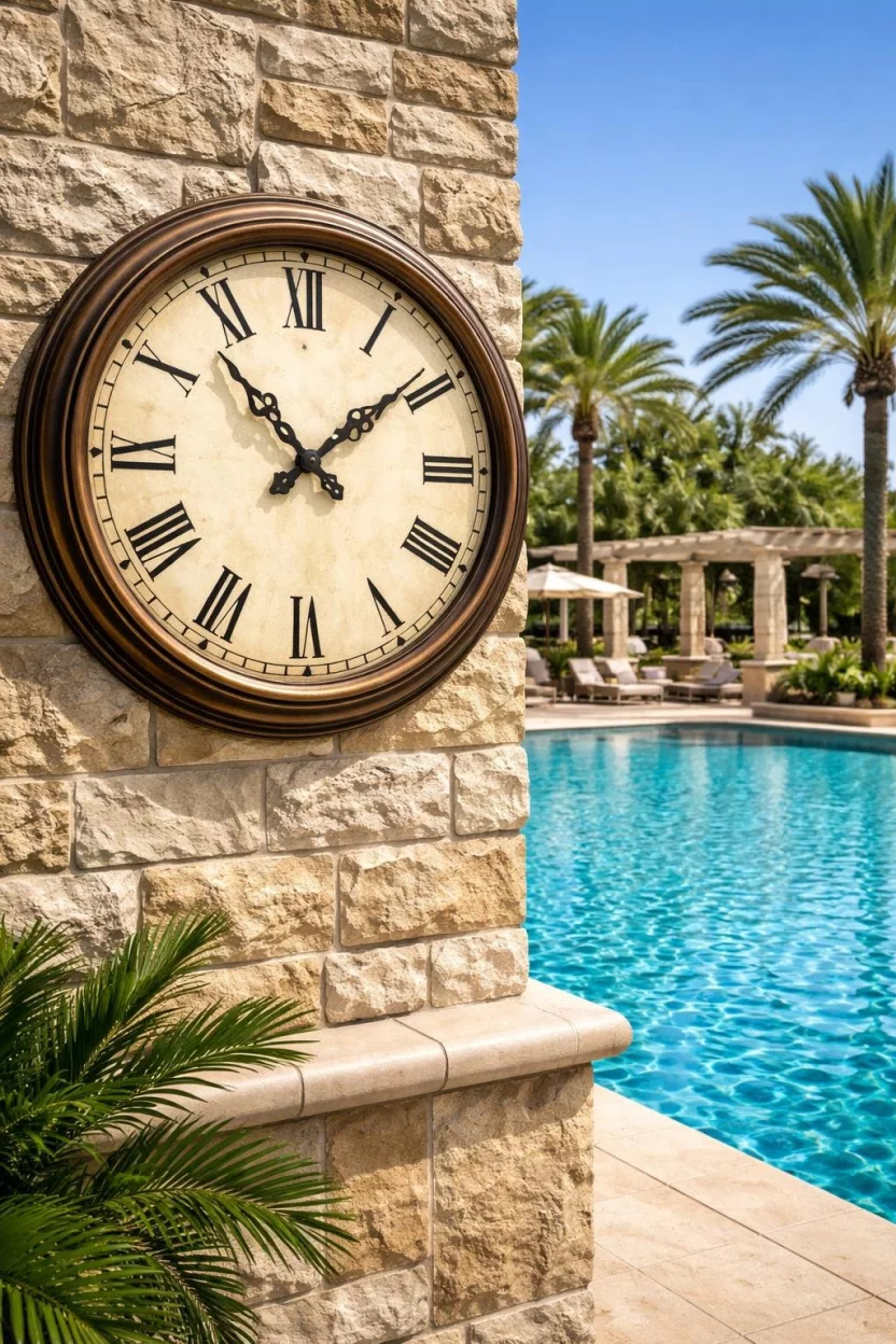 A realistic photo of a pool area showing a large bronze analog wall clock with roman numerals mounted on a stone pillar, overlooking a luxury swimming pool during the day.