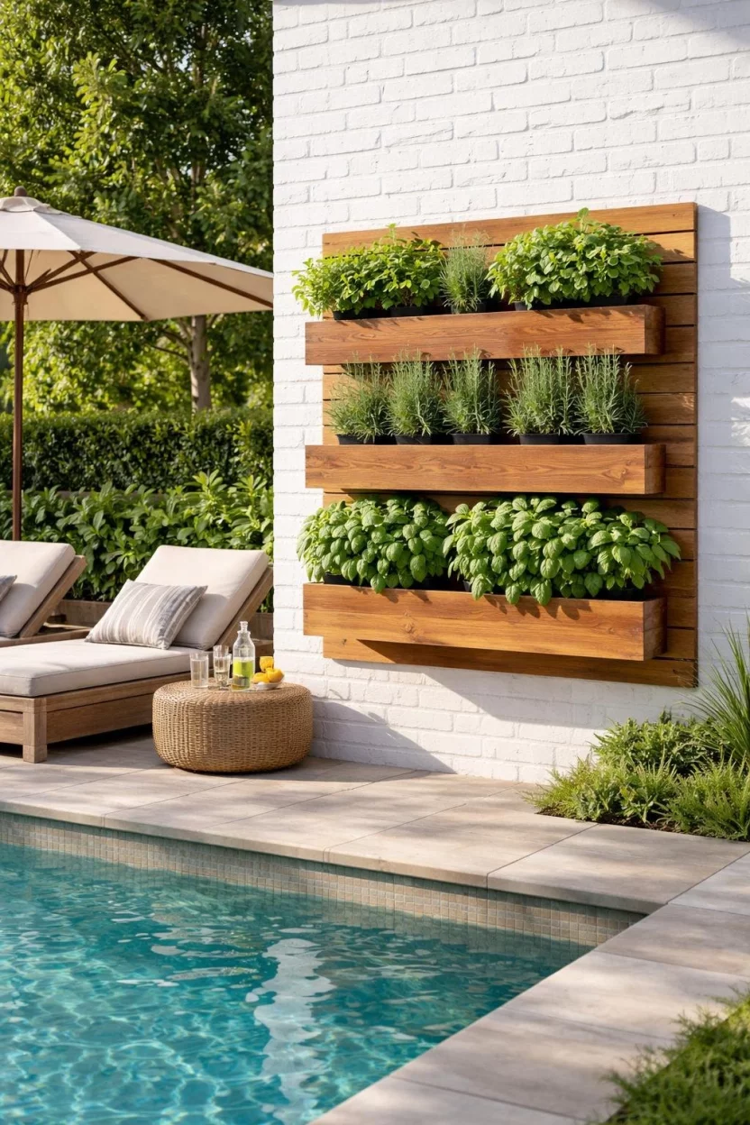 A realistic photo of a pool area with a cedar wood vertical planter wall filled with green mint, rosemary, and basil, mounted on a white brick wall next to a lounge area.