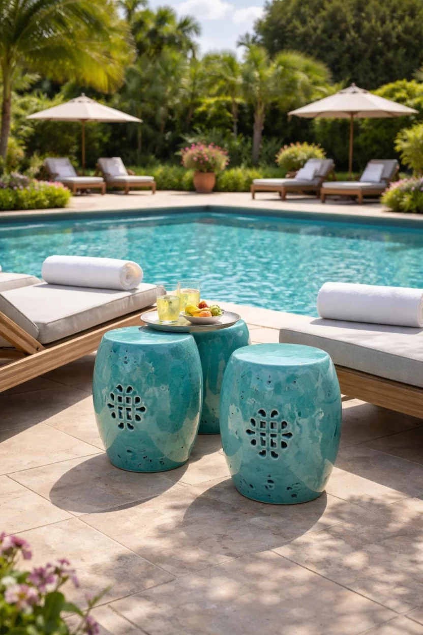 A realistic photo of a pool area featuring two turquoise glazed ceramic garden stools placed between lounge chairs on a sandstone patio by a sparkling pool.