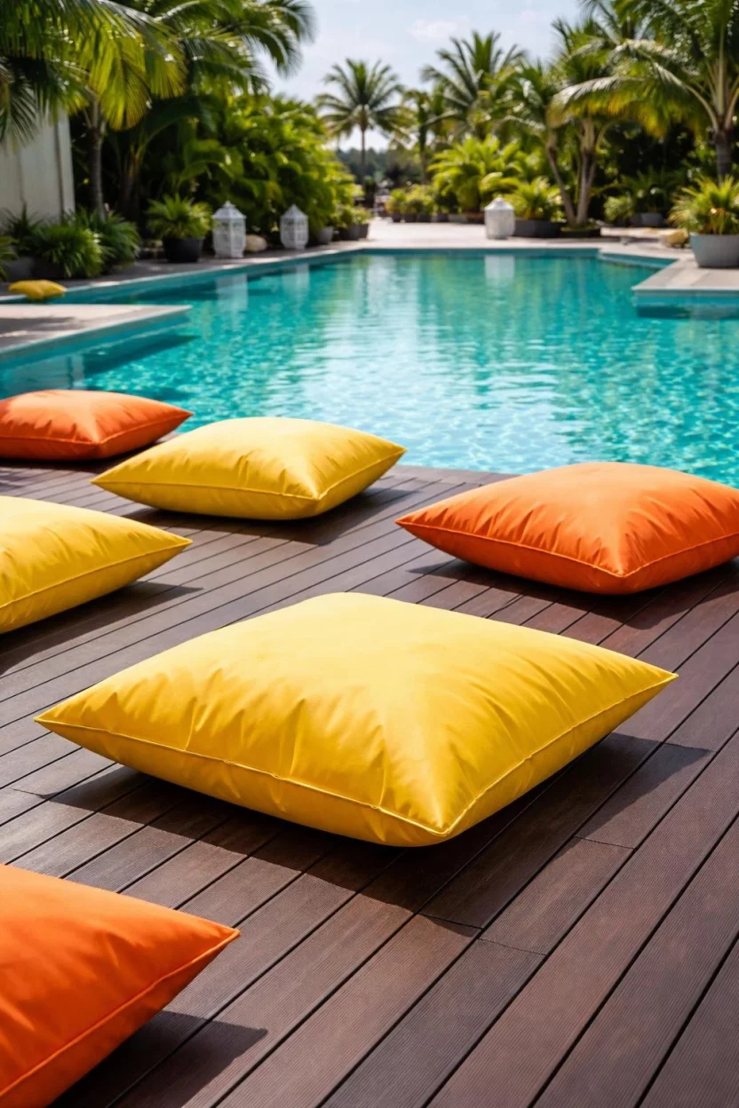 A realistic photo of a pool area with several large yellow and orange waterproof floor cushions scattered on a dark wood deck near a clear pool.