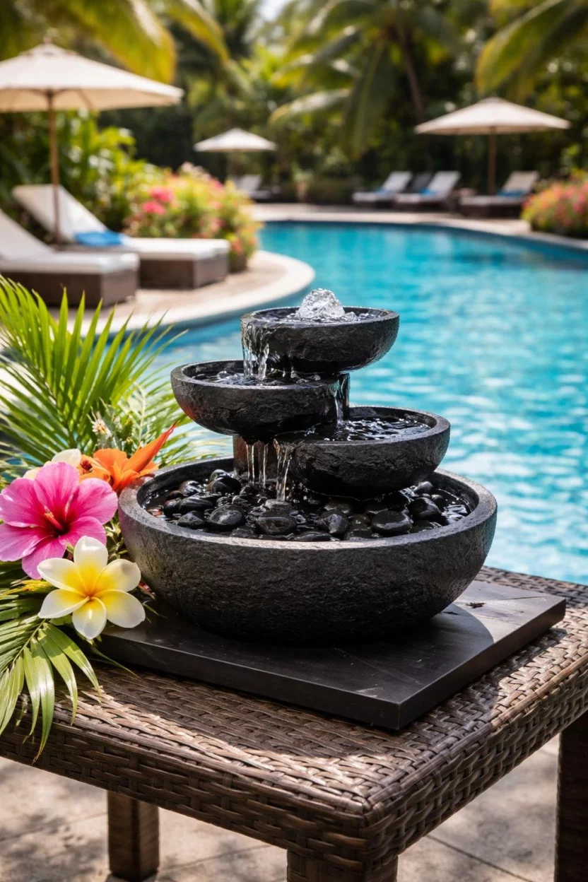 A realistic photo of a pool area with a small tiered black stone fountain bubbling on a side table, surrounded by tropical flowers and blue water.