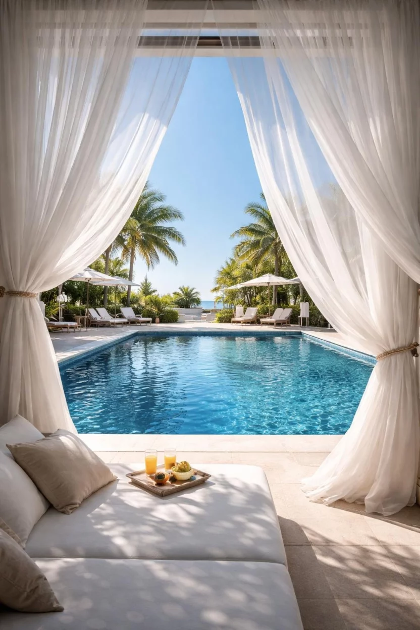 A realistic photo of a pool area showing a cabana with long white sheer curtains blowing in the wind, framing a view of deep blue pool water and a sun drenched patio.