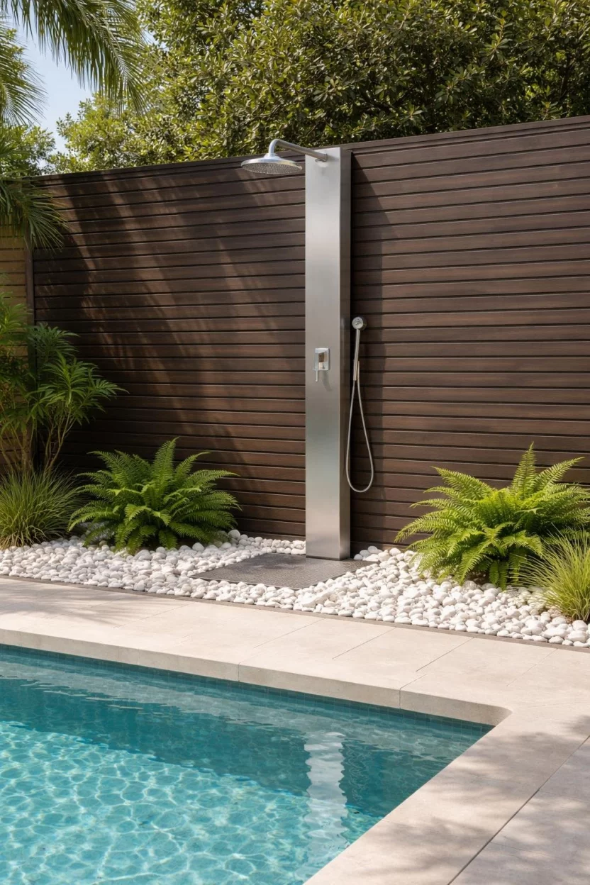 A realistic photo of a pool area featuring a sleek stainless steel standing shower against a dark wood slat wall, surrounded by white pebbles and small green ferns.