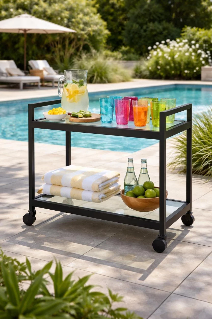 A realistic photo of a pool area featuring a sleek black metal bar cart with two glass shelves, holding a glass pitcher of lemonade and colorful acrylic cups.