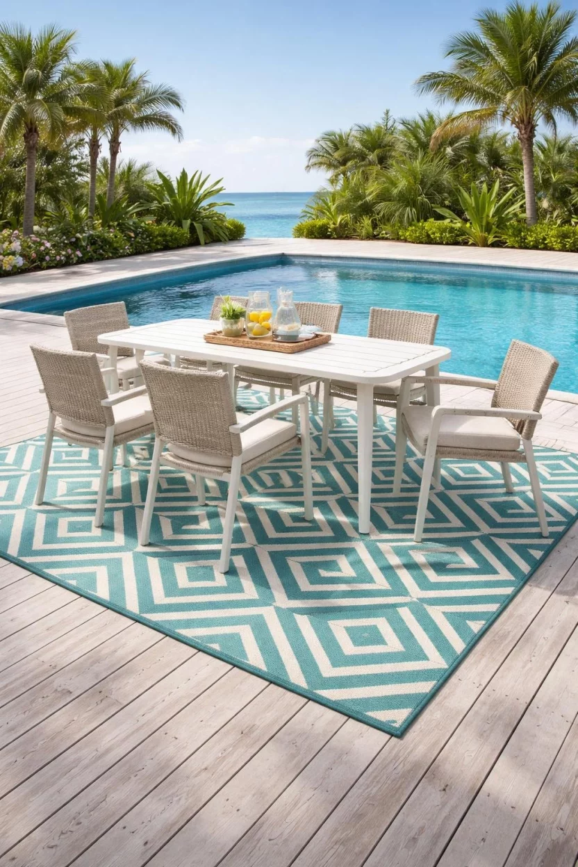 A realistic photo of a pool area with a large teal and white geometric patterned outdoor rug placed under a dining set, sitting on a bleached wood deck near clear blue water.