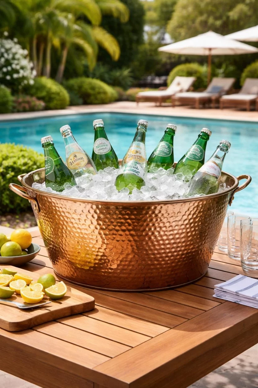 A realistic photo of a pool area featuring a shiny hammered copper beverage tub filled with ice and bottles of sparkling water, sitting on a teak wood table.