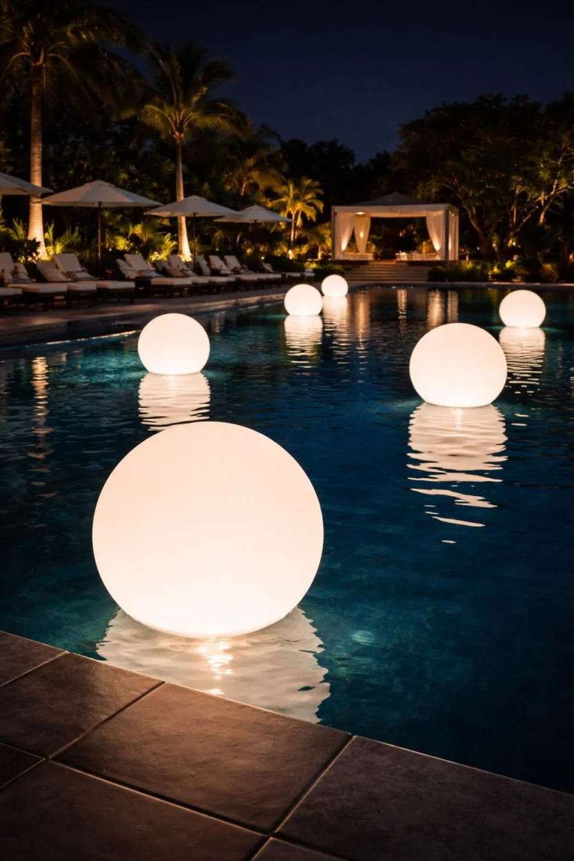 A realistic photo of a pool area at night with several large glowing white spherical floating lights on the dark water, illuminating the surrounding dark tile deck.
