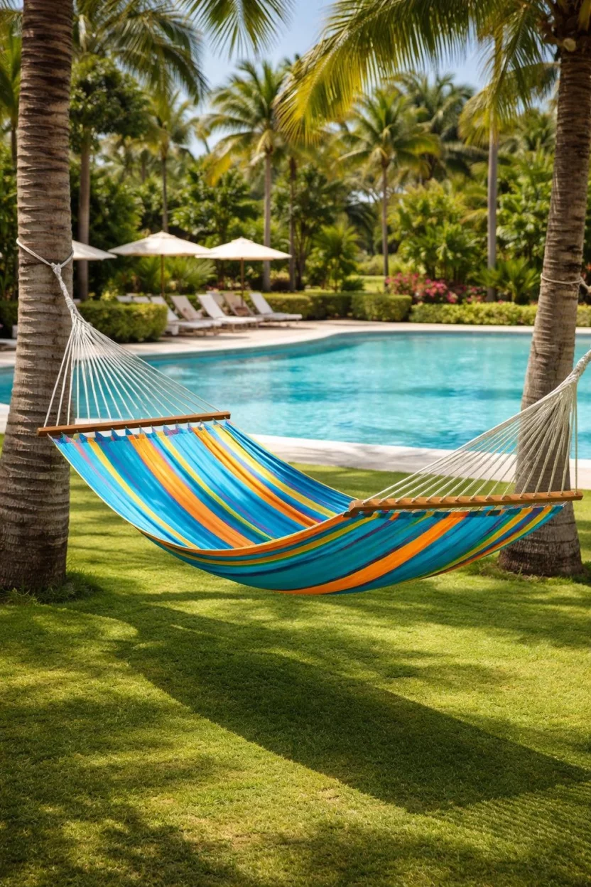 A realistic photo of a pool area with a bright blue and orange striped cotton hammock stretched between two palm trees over a lush green lawn near the pool.