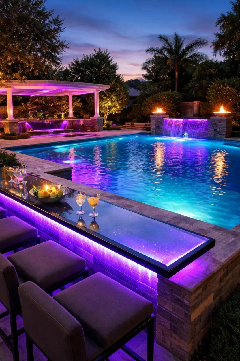 A realistic photo of a backyard's pool area at dusk with neon purple lighting under a glass bar top and color-changing LED strips reflecting in the pool water.