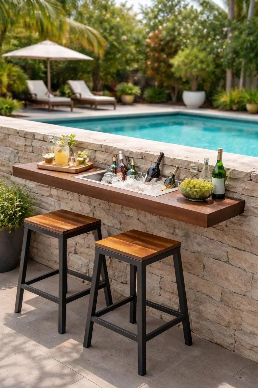 A realistic photo of a backyard's pool area showing a narrow wooden ledge attached to a stone wall with two stools and an integrated ice bucket for self-service.