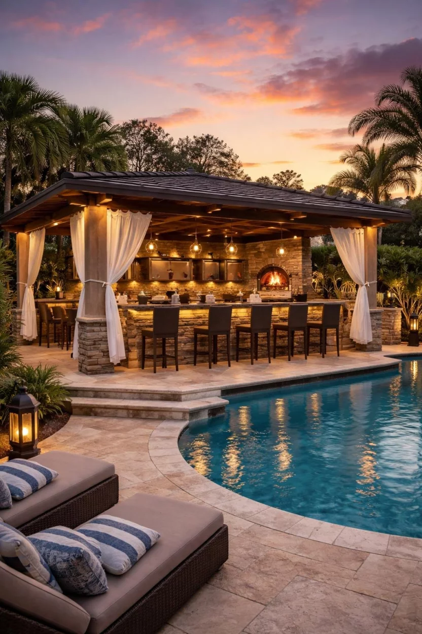 A realistic photo of a backyard's pool area depicting a massive multi-level bar with a pizza oven, cabana curtains, and luxury stone finishes under a sunset sky.