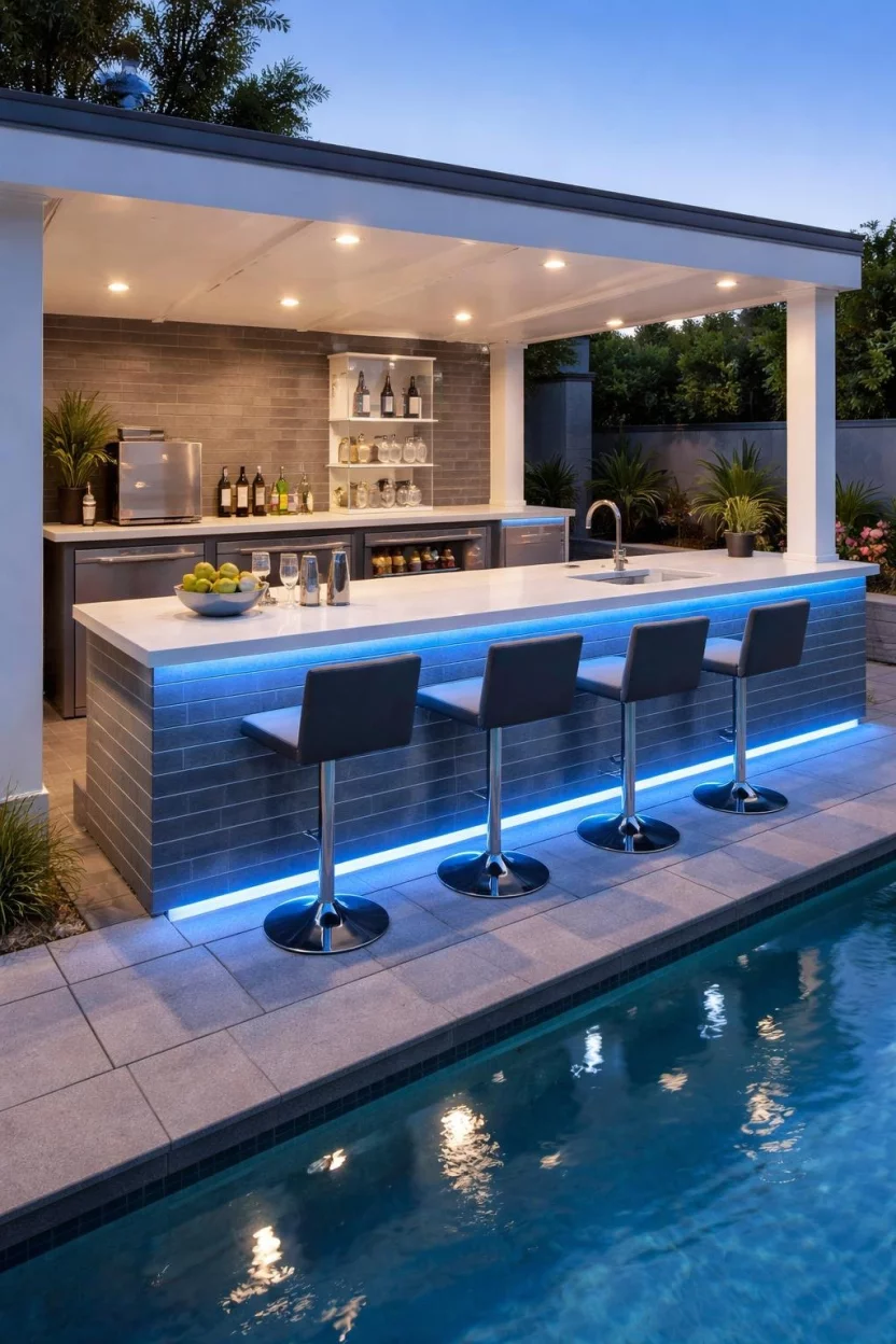 A realistic photo of a backyard's pool area presenting a sharp geometric bar with a white quartz top, chrome fixtures, and grey subway tile accents under the glow of blue LED strip lighting.