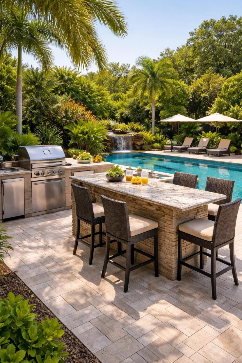 A realistic photo of a backyard's pool area featuring a full outdoor kitchen with a stainless steel grill, a refrigerator, and a stone bar counter with high back chairs.