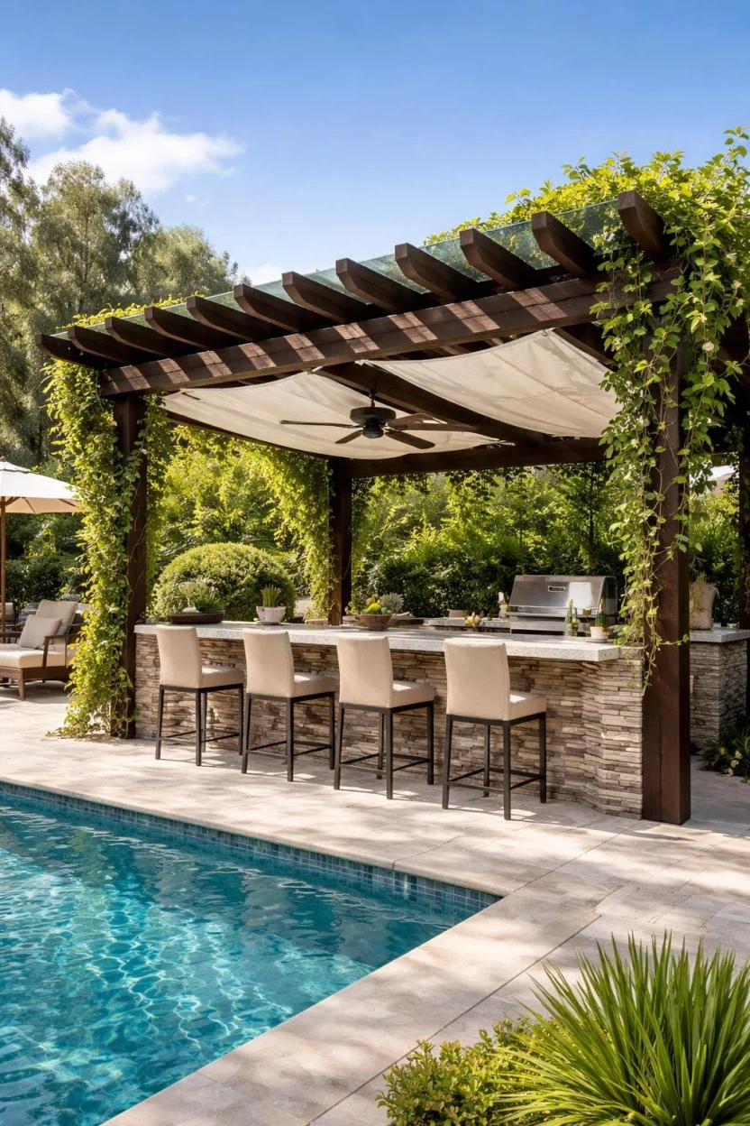 A realistic photo of a backyard's pool area showing a dark wood pergola with retractable white fabric shades over a stone bar, surrounded by climbing green vines and a hanging ceiling fan.
