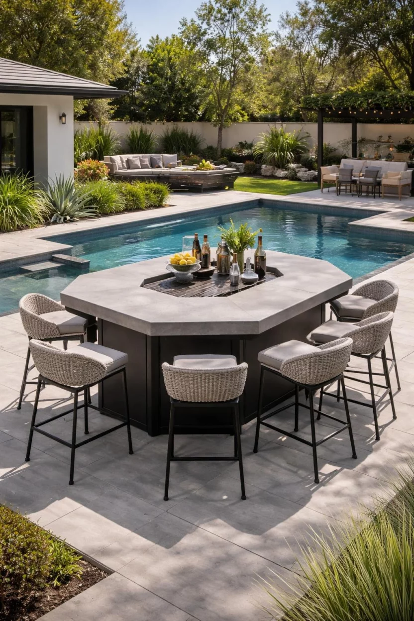 A realistic photo of a backyard's pool area highlighting a hexagonal bar island with matte black metal legs and a polished concrete top among angular pool shapes.
