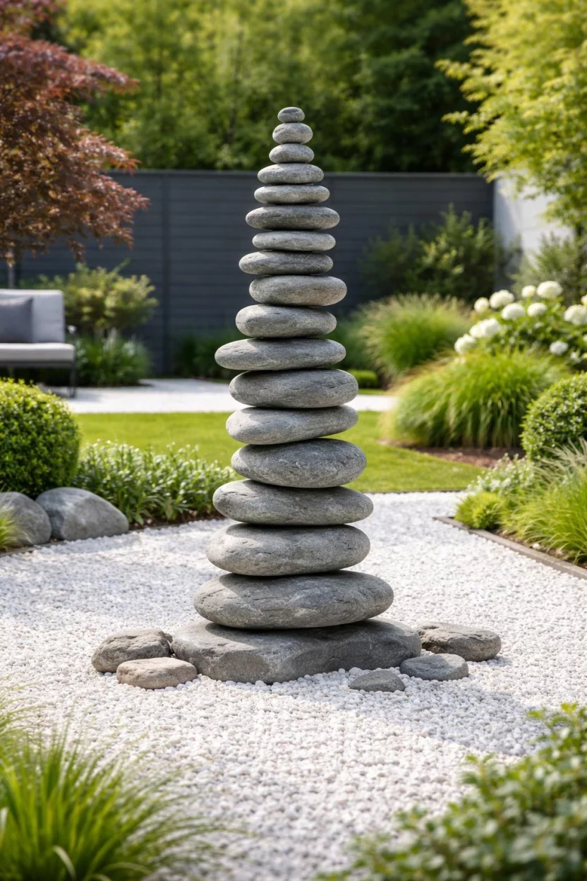 A realistic photo of a garden with a tall freestanding tower of flat grey stones carefully balanced on a base of white gravel in a modern minimalist backyard.